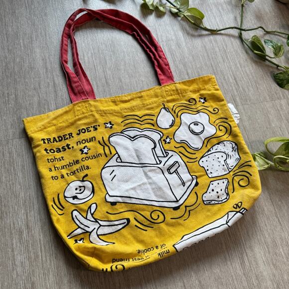 Trader Joes Cotton Canvas Reusable Yellow Shopping Bag Waffle Toast Milk Tote - Picture 2 of 5